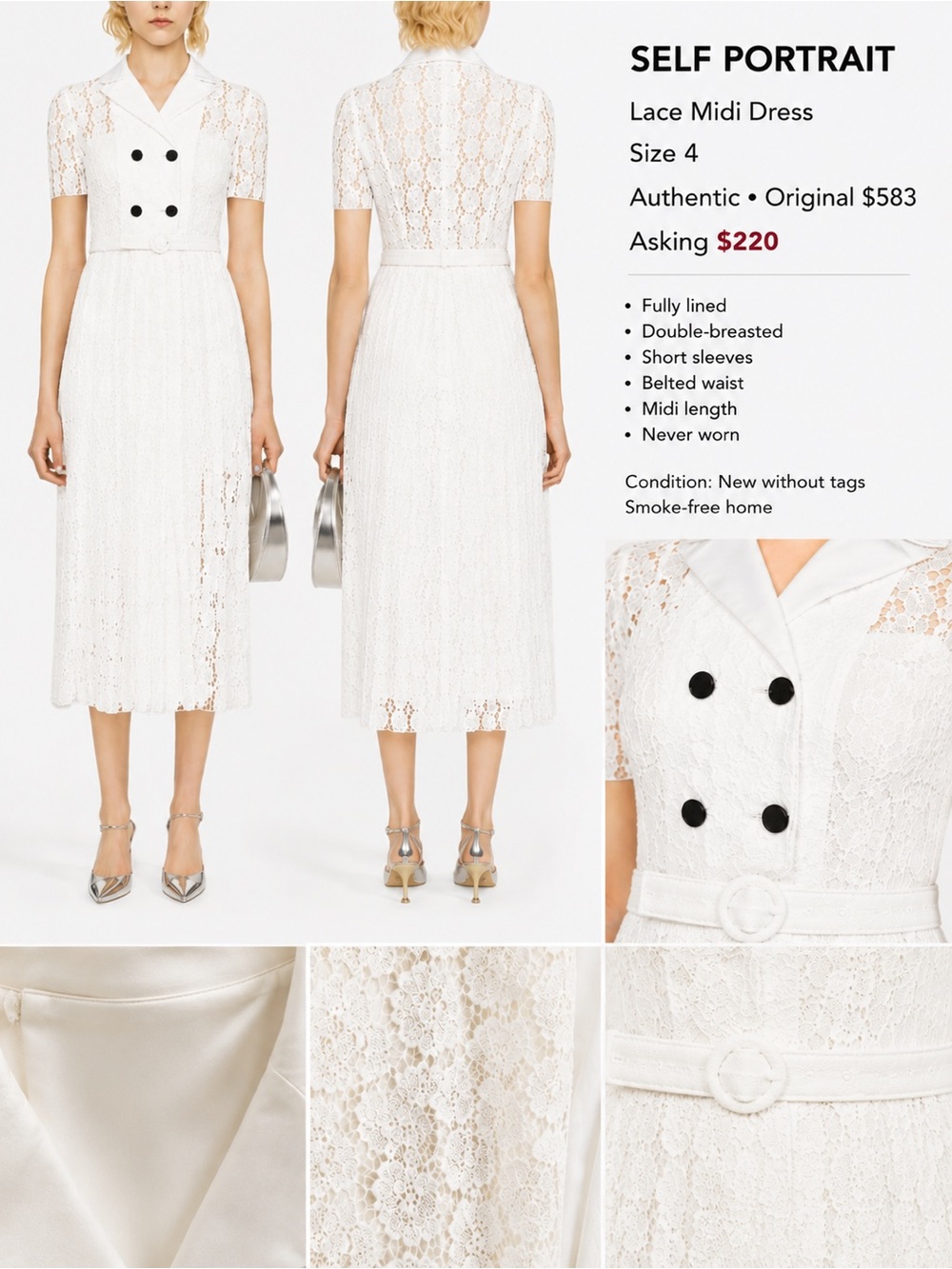 Self-Portrait Cream Lace Midi Dress with Belted Waist